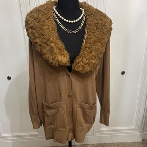 Michael Kors Brown Faux Fur Collar Cardigan